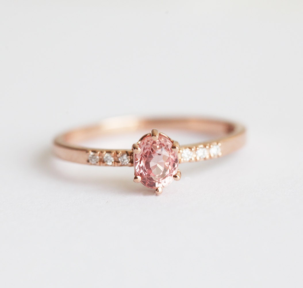 Rose Gold Diamond and Sapphire Ring With Oval Peach Sapphire - Etsy UK
