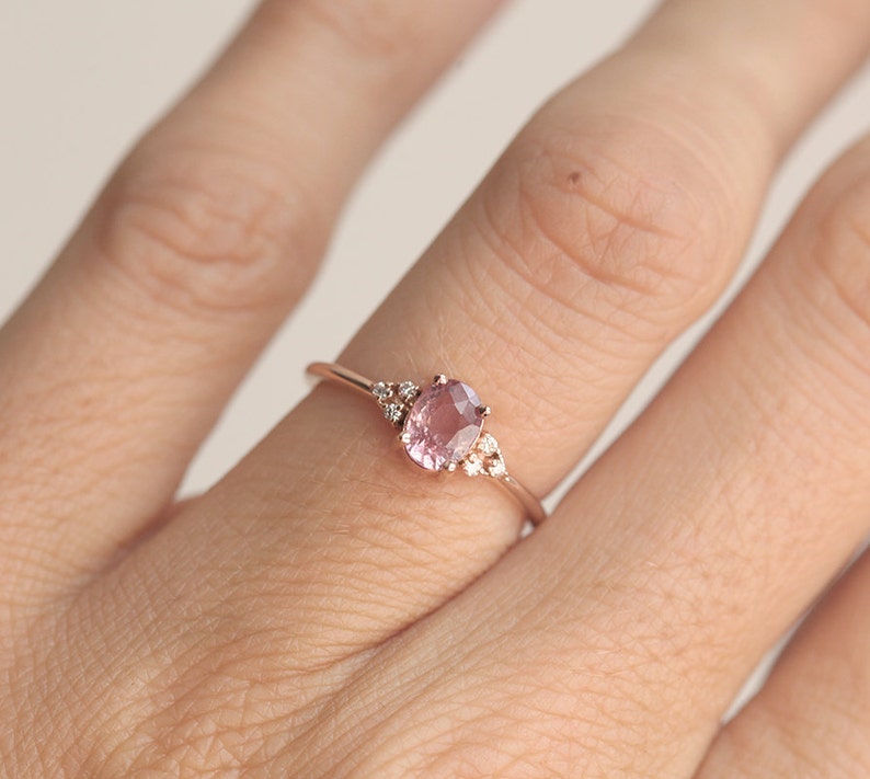 Delicate Rose Gold Peach Sapphire Ring, Pink Sapphire Diamond Ring, Rose Gold Engagement Ring image 6