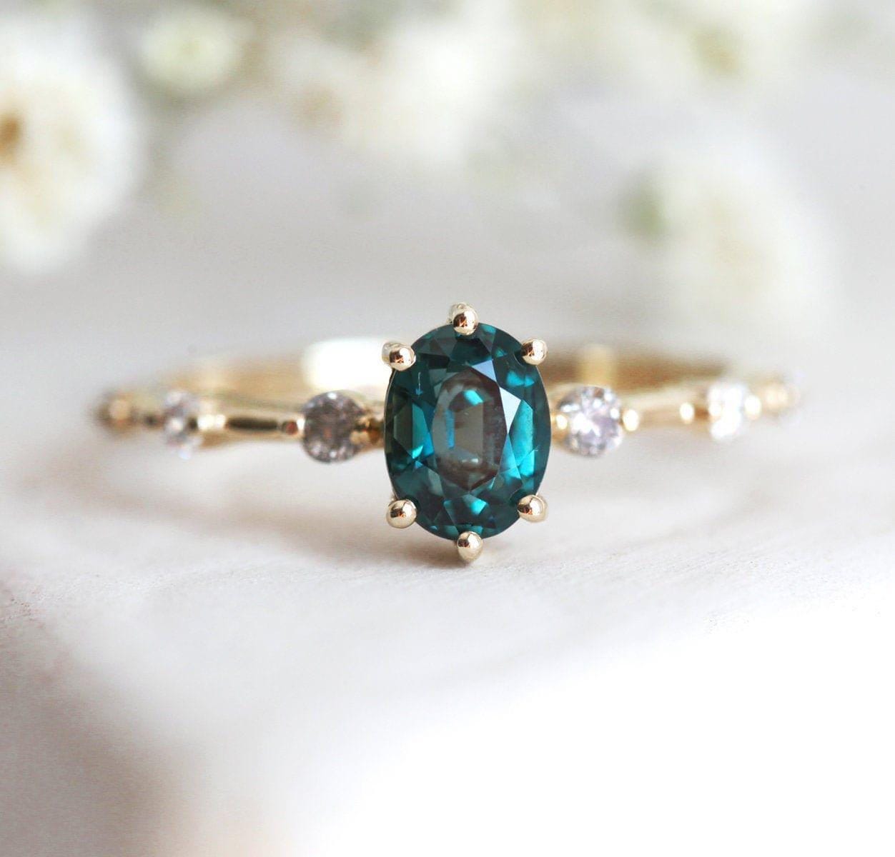 Teal sapphire ring, Peacock engagement ring, Ceylon sapphire diamond ring, Oval blue ring