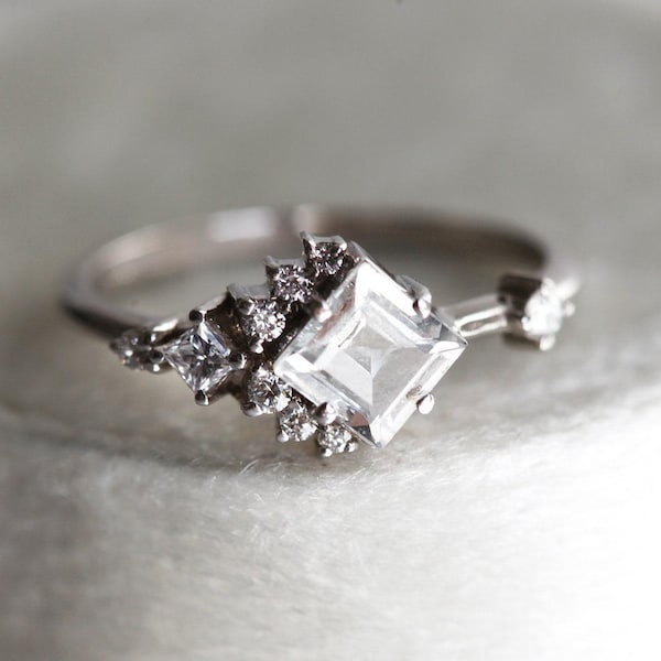 White Sapphire Engagement Ring, Sapphire Diamond Ring, Unique White Gold Sapphire Cluster Ring With White Princess Sapphire and Diamonds