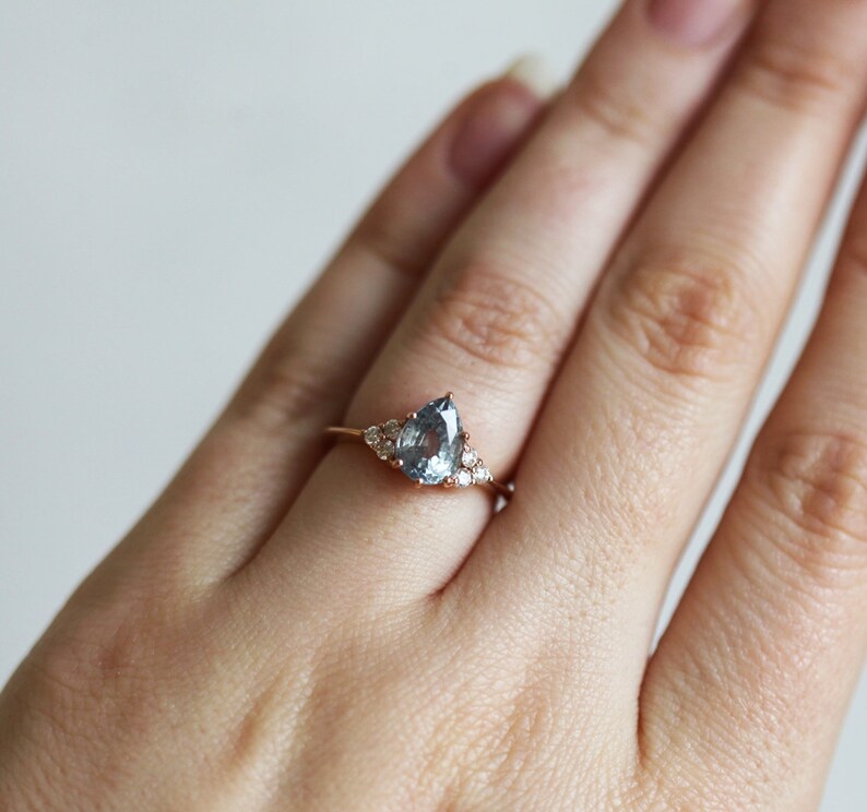 Mood Stone Ring Mood Sapphire Ring Silvery Bluish Green Pear Etsy