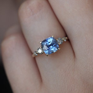 2ct Blue Sapphire Cushion Ring, Sapphire Engagement Ring with Salt Pepper Diamonds, Sapphire Diamond Engagement Ring, Blue Cushion Ring image 2