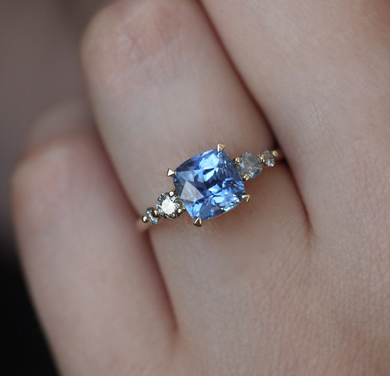 2ct Blue Sapphire Cushion Ring, Sapphire Engagement Ring with Salt Pepper Diamonds, Sapphire Diamond Engagement Ring, Blue Cushion Ring image 2