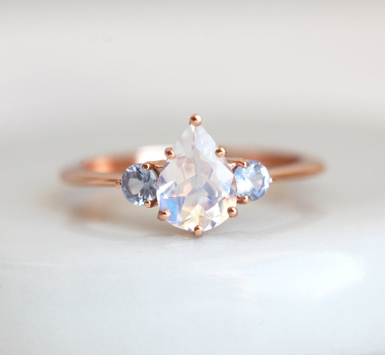 Natural Moonstone and Zircon 18K Rose Gold-Plated Two-Piece Ring Set main image 1