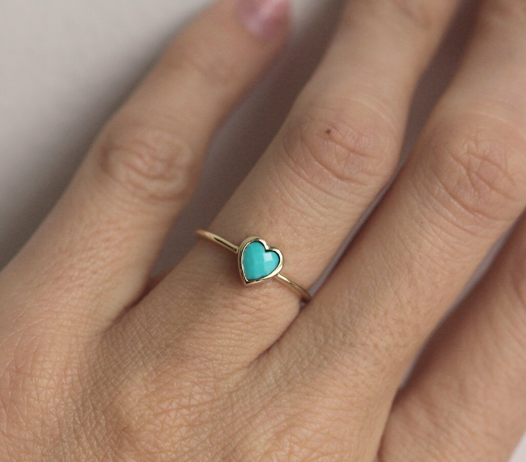 Turquoise Heart Ring Solid Gold Band With Heart Shaped 4 5mm Rose