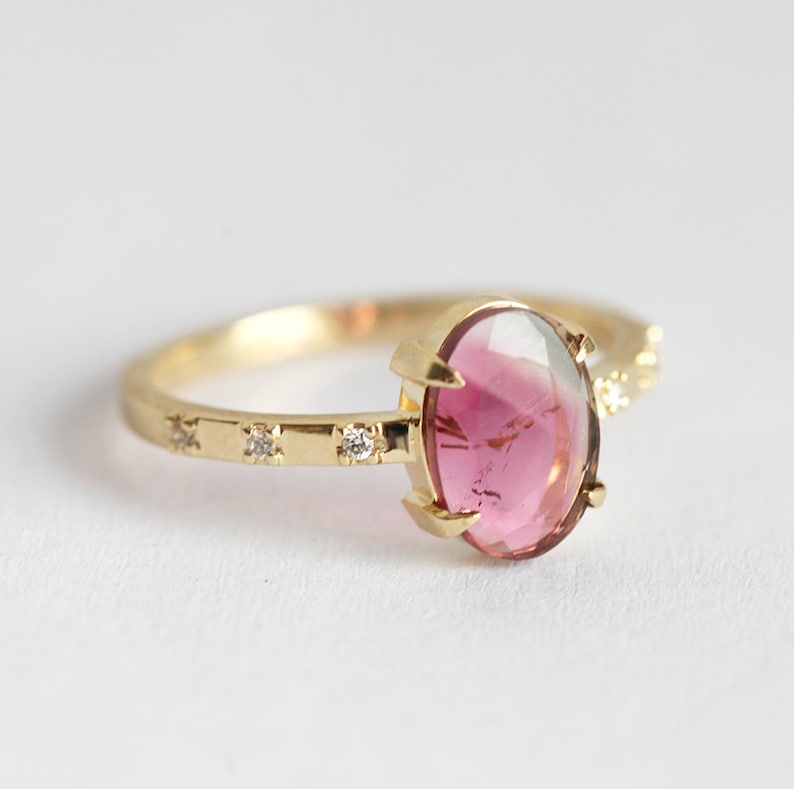 Tourmaline Diamond Ring, Unique Engagement, 14k Solid Gold Ring, Diamond Ring image 2