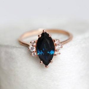Blue sapphire diamond ring, Marquise engagement ring, Dark sapphire wedding ring, Rose gold ring image 9