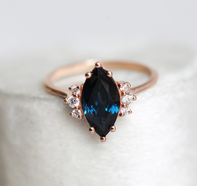 Blue sapphire diamond ring, Marquise engagement ring, Dark sapphire wedding ring, Rose gold ring image 9