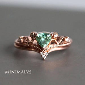 Mint Tourmaline Engagement Ring Set, Diamond Tourmaline Ring Set with Diamonds, Rose gold Ring set