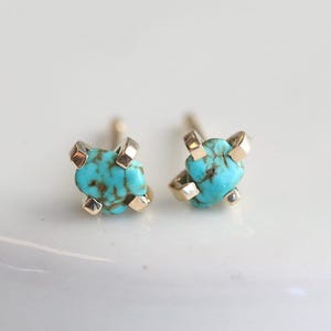 Raw Turquise Stud Earrings, Genuine Turquoise Earrings, Raw Stone Studs, Everyday Earrings 14k