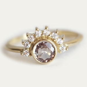 Engagement ring, Peach sapphire ring, Gold champagne ring, Halo diamond ring, Rose gold ring