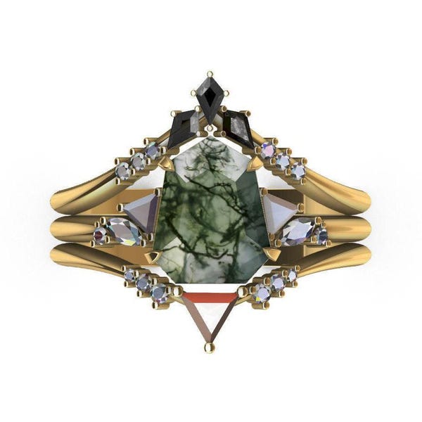 Unieke mosagaatringset, mosagaat verlovingsringset, septagon edelsteenring, geometrische ringset