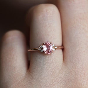 Delicate Rose Gold Peach Sapphire Ring, Pink Sapphire Diamond Ring, Rose Gold Engagement Ring image 5