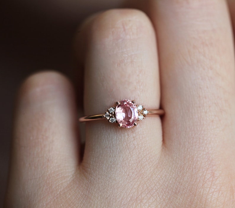 Delicate Rose Gold Peach Sapphire Ring, Pink Sapphire Diamond Ring, Rose Gold Engagement Ring image 5