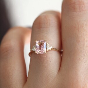 Peach Blush Sapphire Engagement Ring, Radiant Peach Sapphire Ring with Trillion Diamonds, Trillion Diamond Ring by Minimalvs image 2