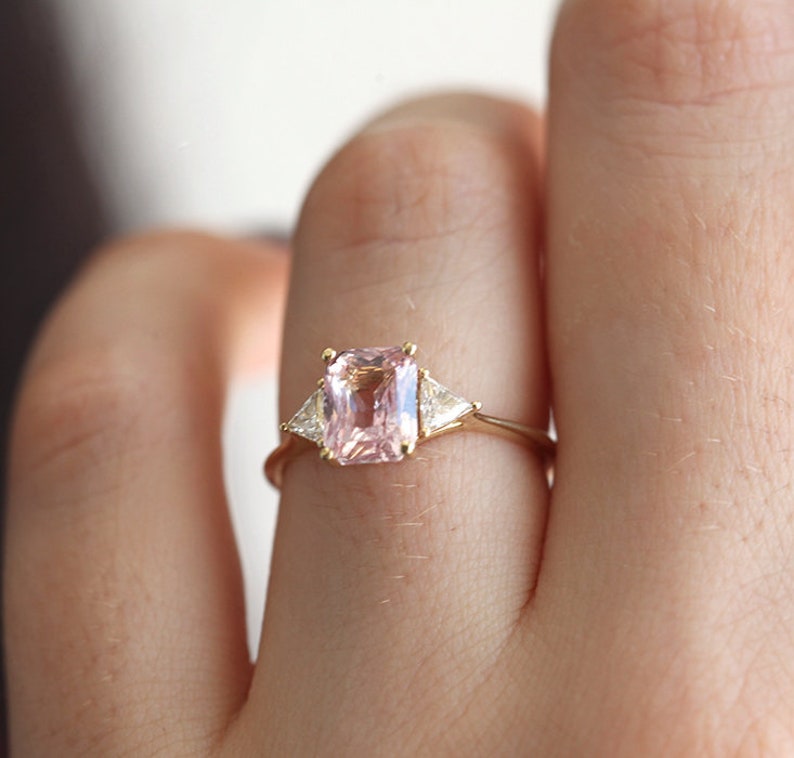 Peach Blush Sapphire Engagement Ring, Radiant Peach Sapphire Ring with Trillion Diamonds, Trillion Diamond Ring by Minimalvs image 2