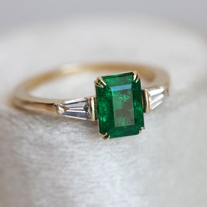 Emerald Engagement Ring, Natural Emerald & Diamond Ring, Vintage Bridal ...