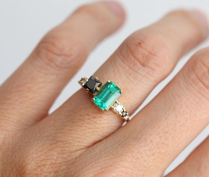Large emerald diamond Ring, Emerald Cut Emerald Diamond Ring in Yellow Gold, 18k Yellow gold Diamond Ring, Emerald Engagement image 4