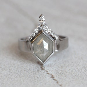 Hexagon Diamond Ring, Unique Diamond Engagement Ring with Geometric Grey Diamond, Solid Gold Diamond Ring with Wide Band image 6