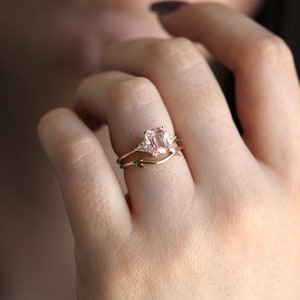 Peach Blush Sapphire Engagement Ring, Radiant Peach Sapphire Ring with Trillion Diamonds, Trillion Diamond Ring by Minimalvs image 8