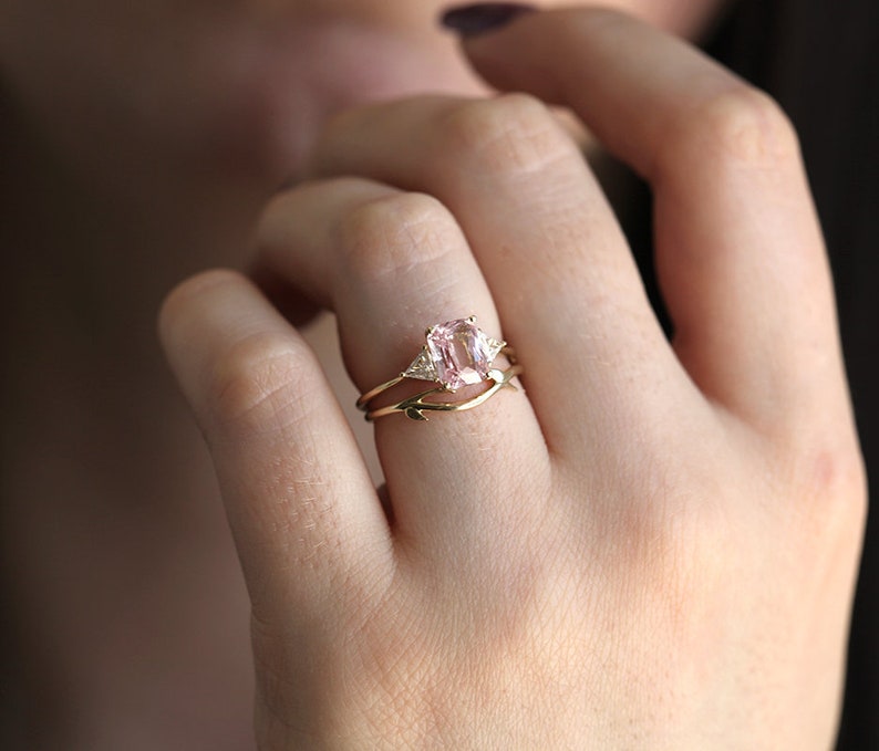 Peach Blush Sapphire Engagement Ring, Radiant Peach Sapphire Ring with Trillion Diamonds, Trillion Diamond Ring by Minimalvs image 8