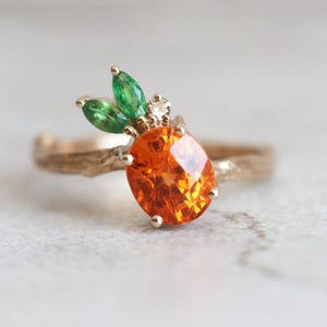 Mandarin garnet ring, Pineapple fruit ring, Orange gemstone ring, Tsavorite & diamond cluster ring