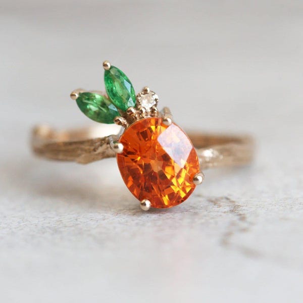 Mandarin garnet ring, Pineapple fruit ring, Orange gemstone ring, Tsavorite & diamond cluster ring