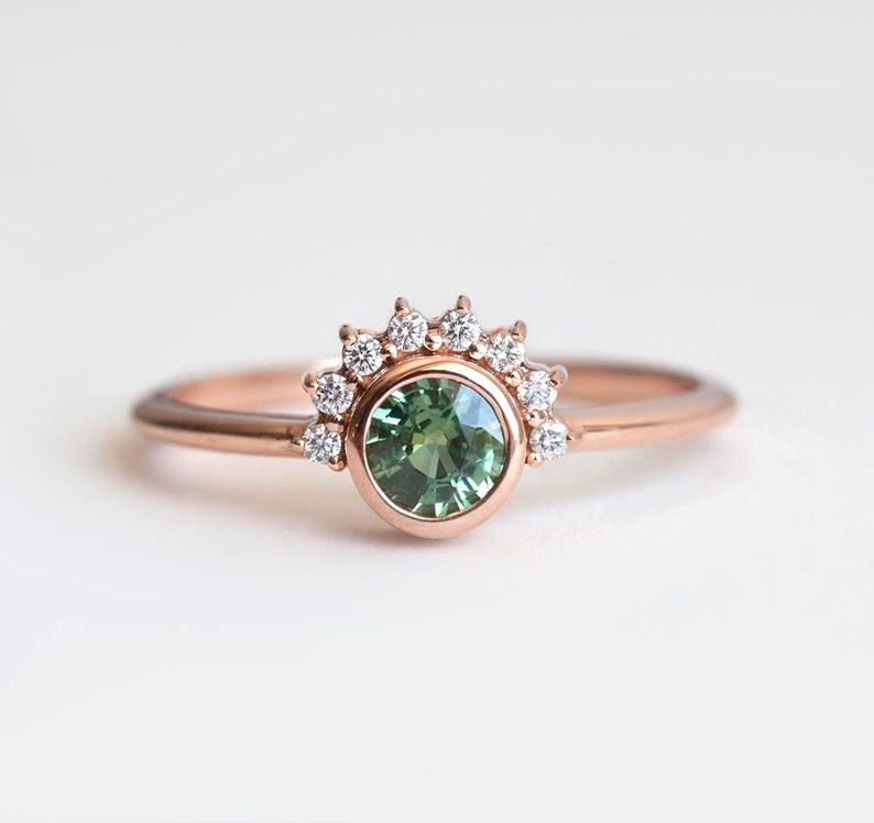 Round Sapphire Engagement Ring Rose Gold, Green Sapphire Diamond Ring, Sapphire Diamond Engagement Ring image 3