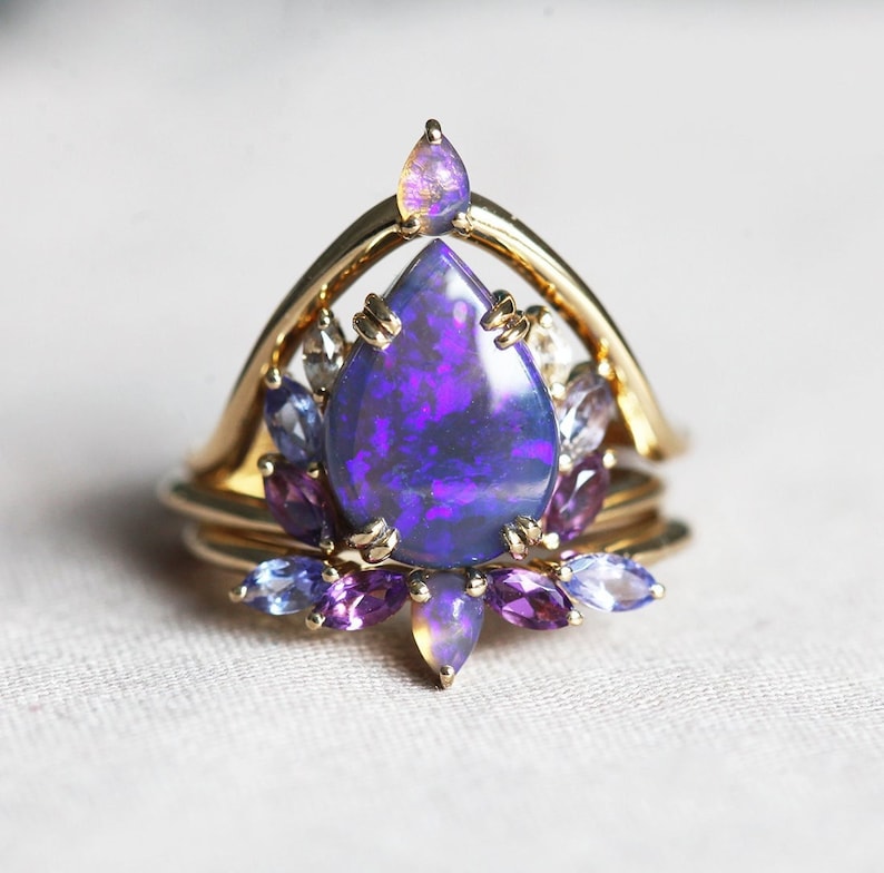 Raiven black opal ring set, Unique purple opal engagement set image 2