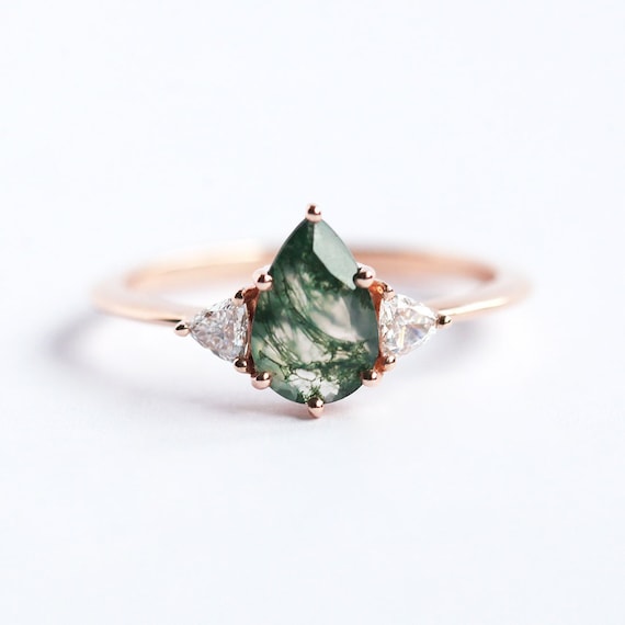 Bague de fiancailles en agate mousse bague avec pierres precieuses vertes poire bague trois pierres bague trillion de diamants Etsy France