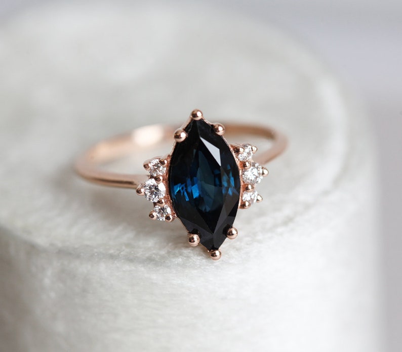 Blue sapphire diamond ring, Marquise engagement ring, Dark sapphire wedding ring, Rose gold ring image 4