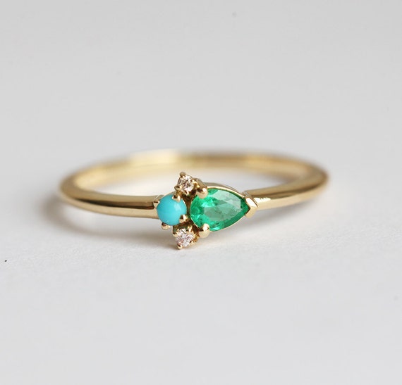 Pear Emerald Ring Mini Cluster Ring Turquoise Emerald Diamond