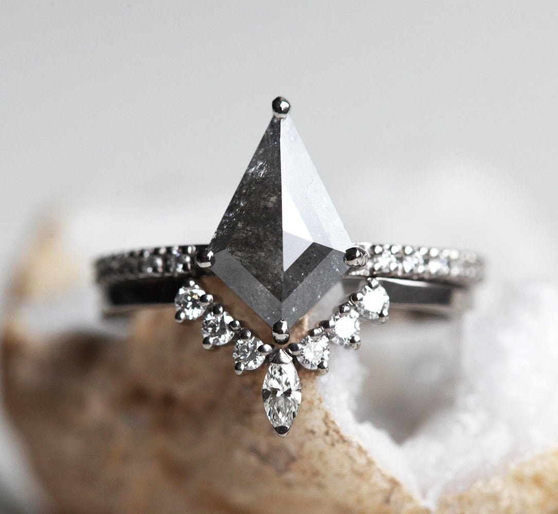 Kite Salt Pepper Diamond Engagement Ring Set Geometric Rhombus