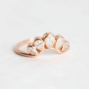 Solitaire Round Diamond ring with Curved Diamond Crown, Pear Diamond Band, Unique Diamond Engagement Set, Wedding Rign Set image 4