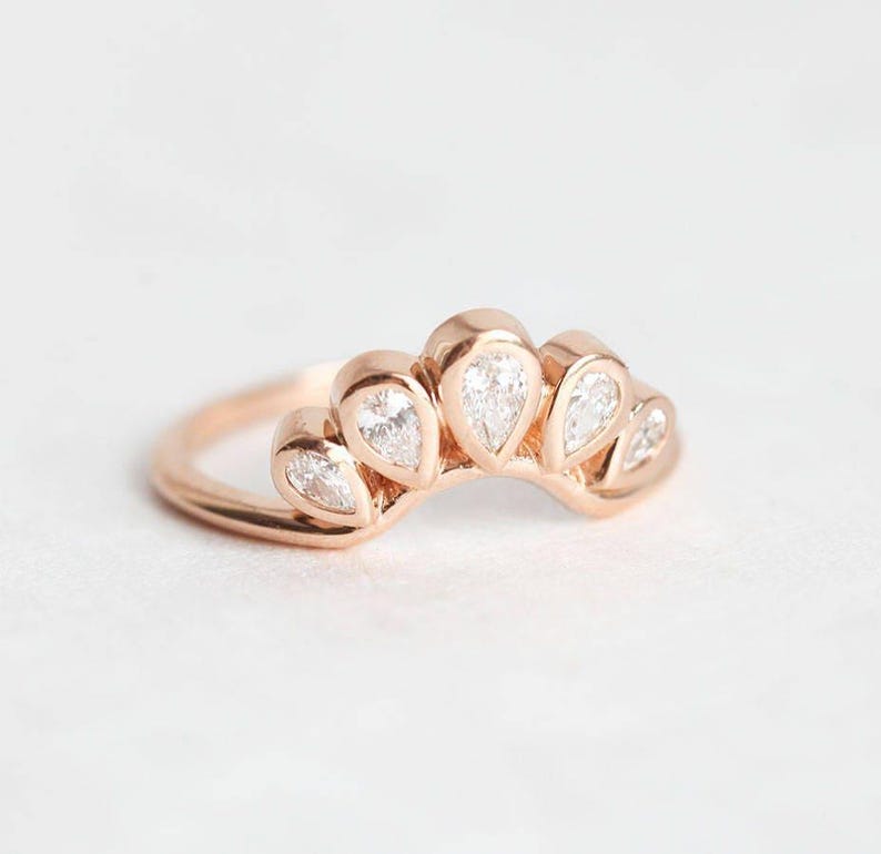 Solitaire Round Diamond ring with Curved Diamond Crown, Pear Diamond Band, Unique Diamond Engagement Set, Wedding Rign Set image 4