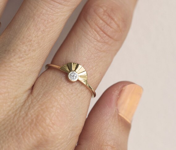 Gold Sun Ray Ring Unique Diamond Sun Ring Bohemian Engagement