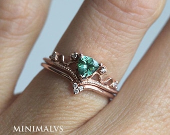 Mint Green Tourmaline Trillion & Diamond Engagement Ring or Set, 14k or 18k Solid Gold