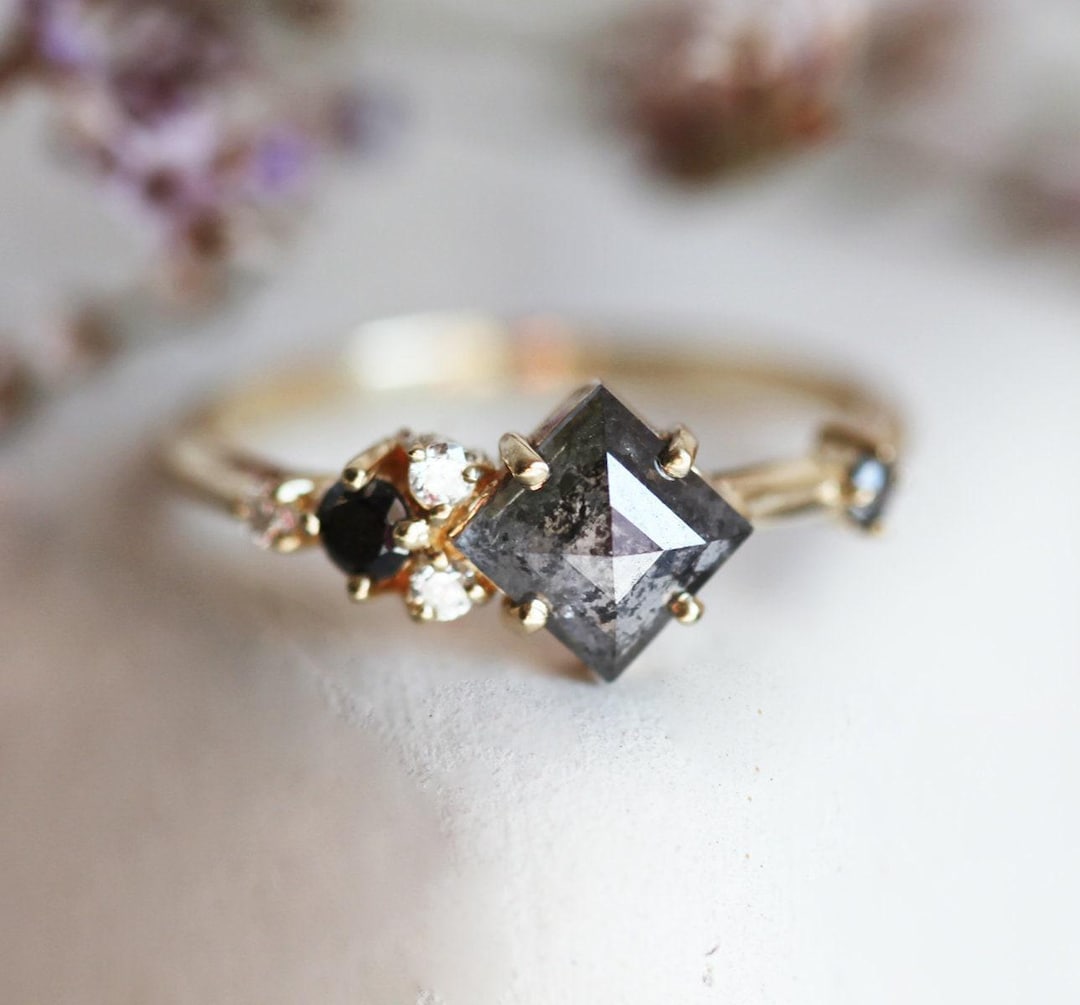 Salt Pepper Diamond Ring, Cluster Engagement Ring, Galaxy