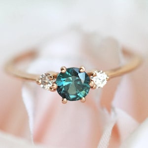 Teal sapphire ring, Green Peacock sapphire three stone ring