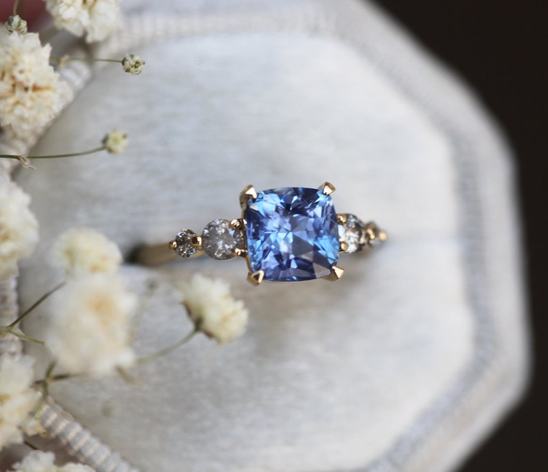 2ct Blue Sapphire Cushion Ring, Sapphire Engagement Ring with Salt Pepper Diamonds, Sapphire Diamond Engagement Ring, Blue Cushion Ring image 9