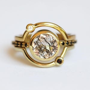 Ring Set, Saturn Ring, Ringset, zierliche Goldring, Statement Ring, himmlischen Ring, schwarzer Quarz Ring, 925 Sterling Silber Ring