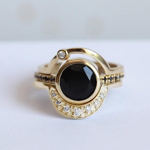 Black diamond engagement ring, Eclipse ring set, Alternative onyx set, Moon wedding set image 6