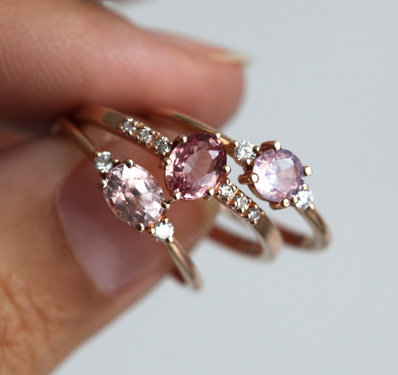 Padparadscha Sapphire Ring Rose Gold, Peach Sapphire Ring With Diamonds, Simple Sapphire Ring image 10