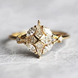 Unique diamond engagement ring, Geometric diamond cluster ring, 18k diamond ring
