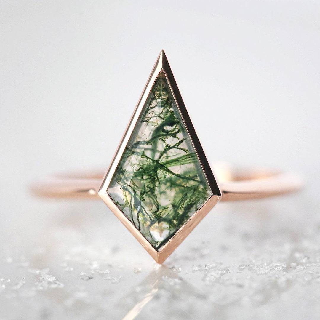 Moss Agate Ring, Kite Engagement Ring, Geometric Shaped Ring