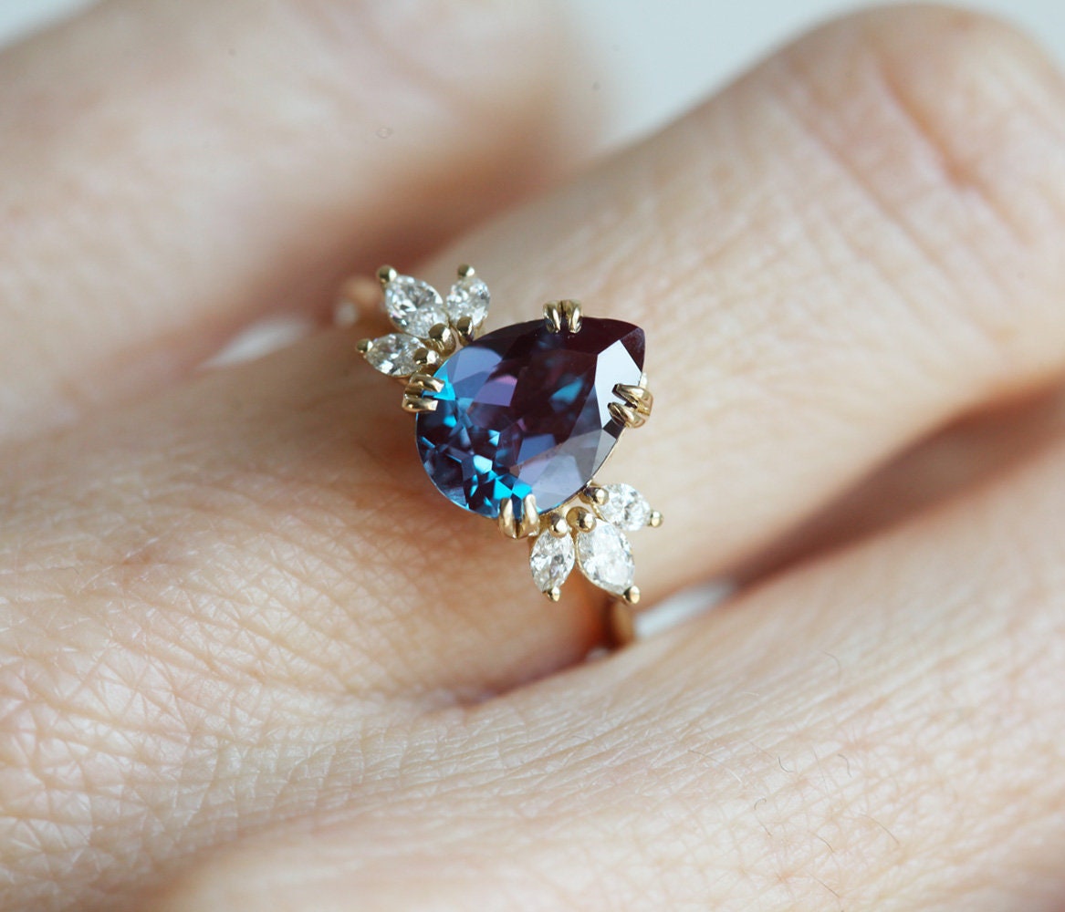 Alexandrite Engagement Ring, Pear Alexandrite Ring, Cluster