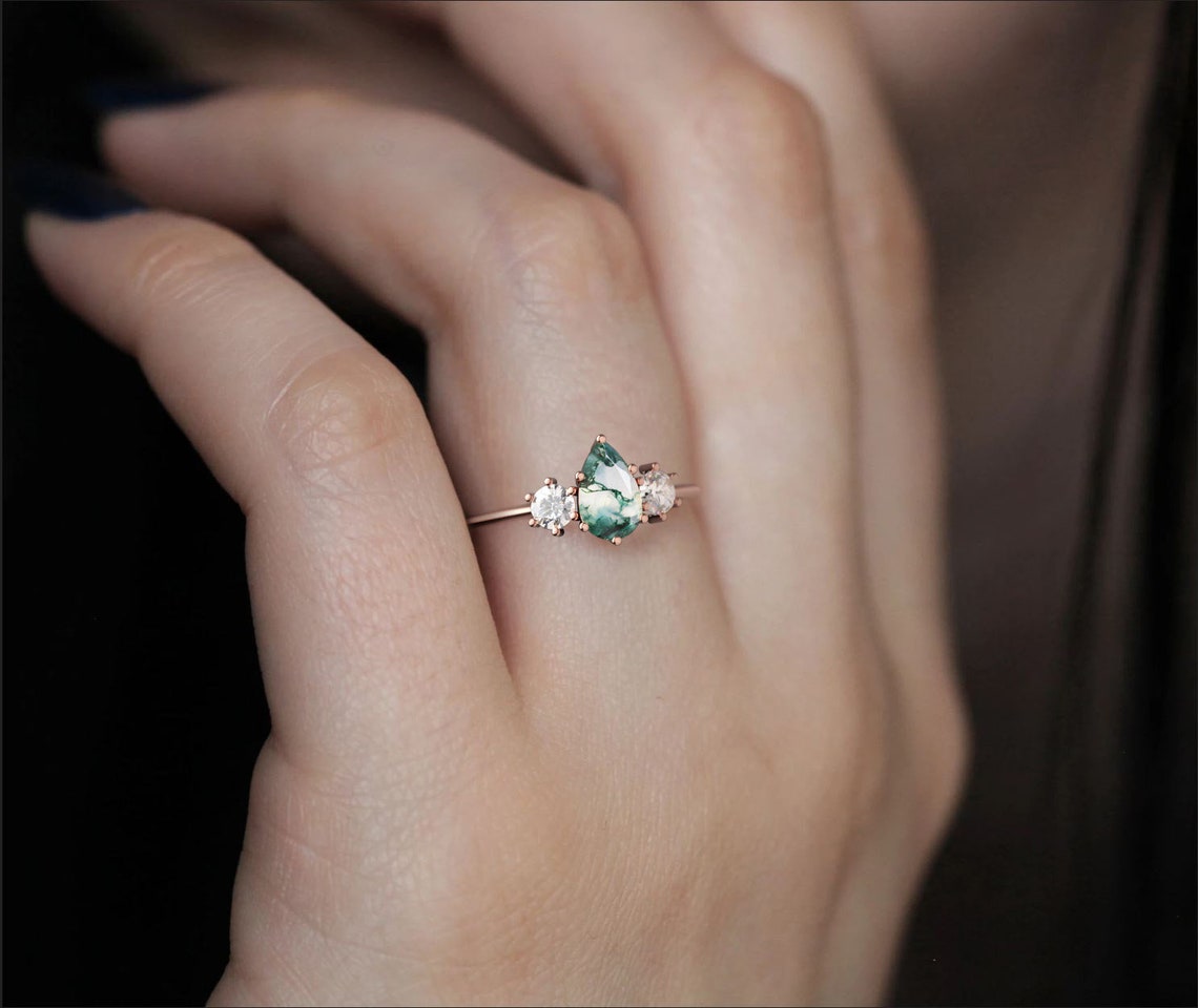 Pear Moss Agate engagement ring Three stone ring 14k gold | Etsy