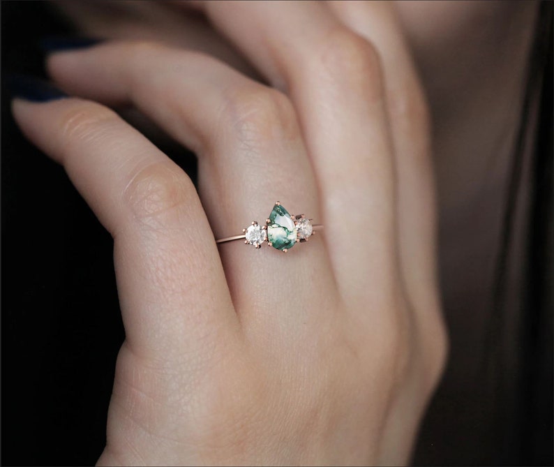 Pear Engagement Ring Moss Agate Ring with Trillion Diamonds | Etsy