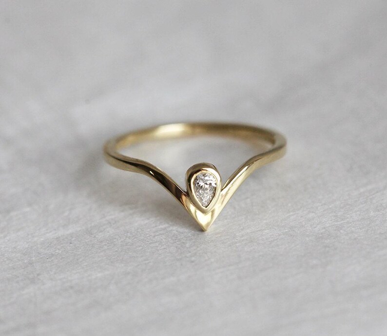 Pear engagement ring, Diamond ring, Small gemstone ring, Tiny v shaped wedding band image 6
