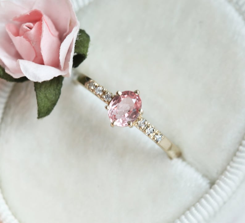 Rose Gold Diamond and Sapphire Ring with Oval Peach Sapphire, Sapphire Ring image 5